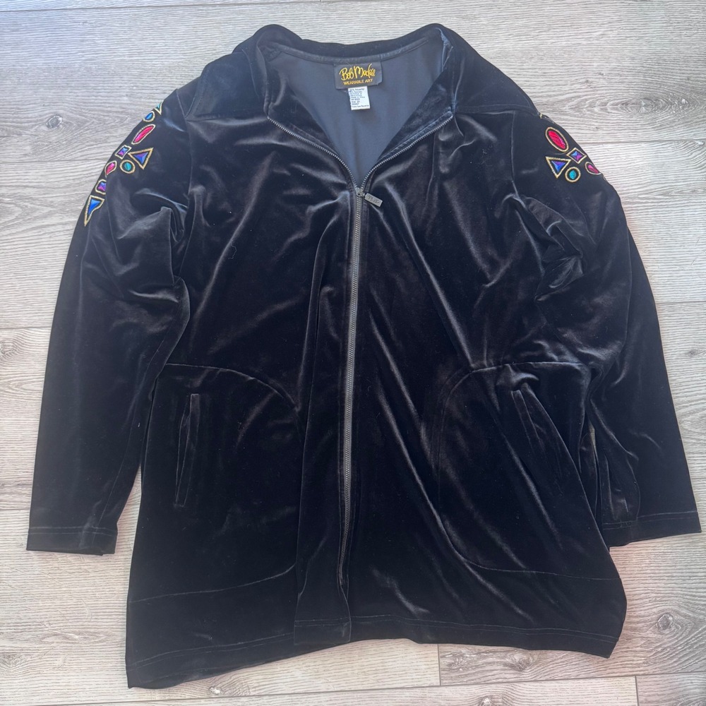 Bob Mackie Wearable Art Black Velvet Zip Jacket 90s Vintage Embroidered 2X